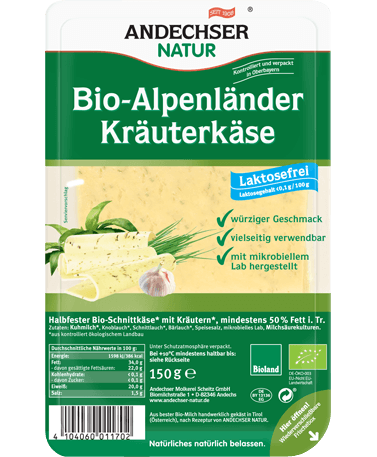 ANDECHSER NATUR Organic Alpenlaender butter cheese with herbs 50% 150g in slices