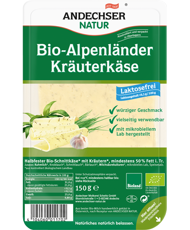 ANDECHSER NATUR Organic Alpenlaender butter cheese with herbs 50% 150g in slices