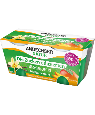 Bio-Jogurt Mango-Vanille, zuckerreduziert, 3,8 % im 2x125g Cluster