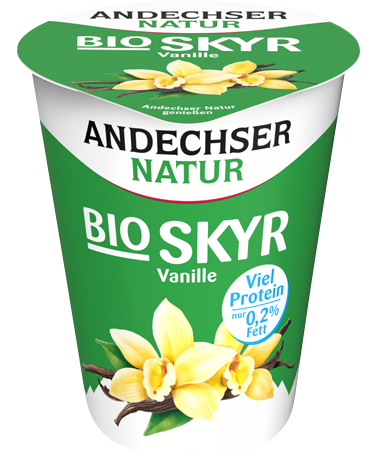 Bio Skyr Vanille mit viel Protein mit wenig Fett 0,2 % im 400 g Becher ANDECHSER NATUR