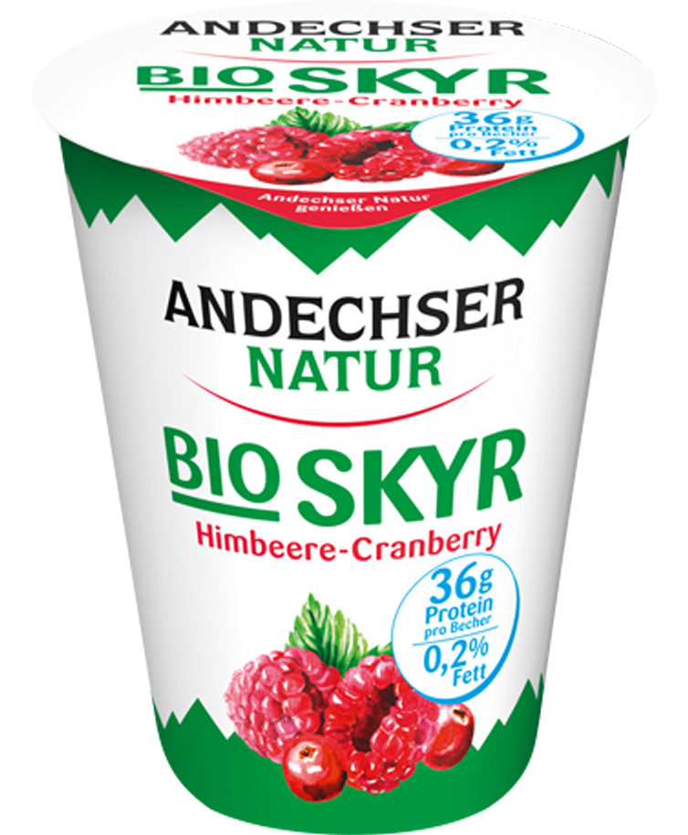 Bio Skyr Himbeere Cranberry mit viel Protein mit wenig Fett 0,2 % im 400 g Becher ANDECHSER NATUR