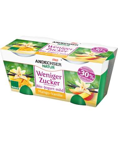 Bio Jogurt Vanille zuckerreduziert 3,8% 2x125gBio-Jogurt mild Mango-Vanille, zuckerreduziert, 3,8% im 2x125g Cluster