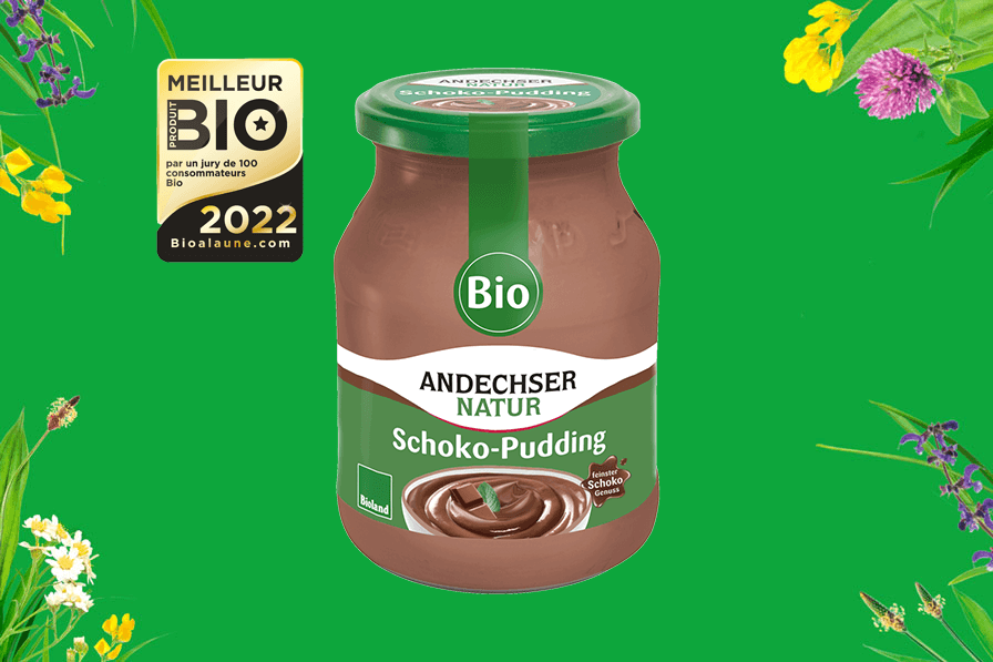 „Bestes Bio“/ „meilleurs bio“ für andechser natur Bio-Schokopudding